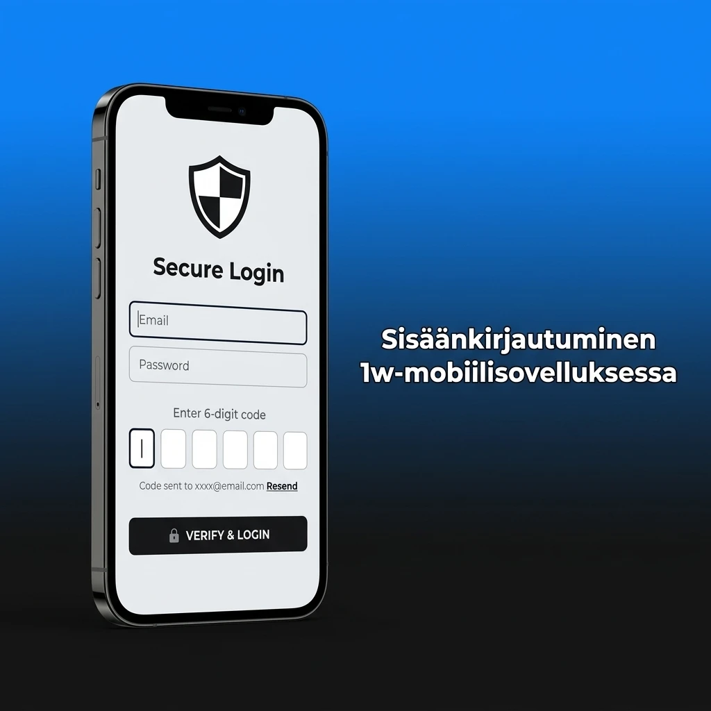 1w-mobiilisovelluksen kirjautumissivu iOS-laitteella, jossa näkyy sähköposti- ja salasanakentät